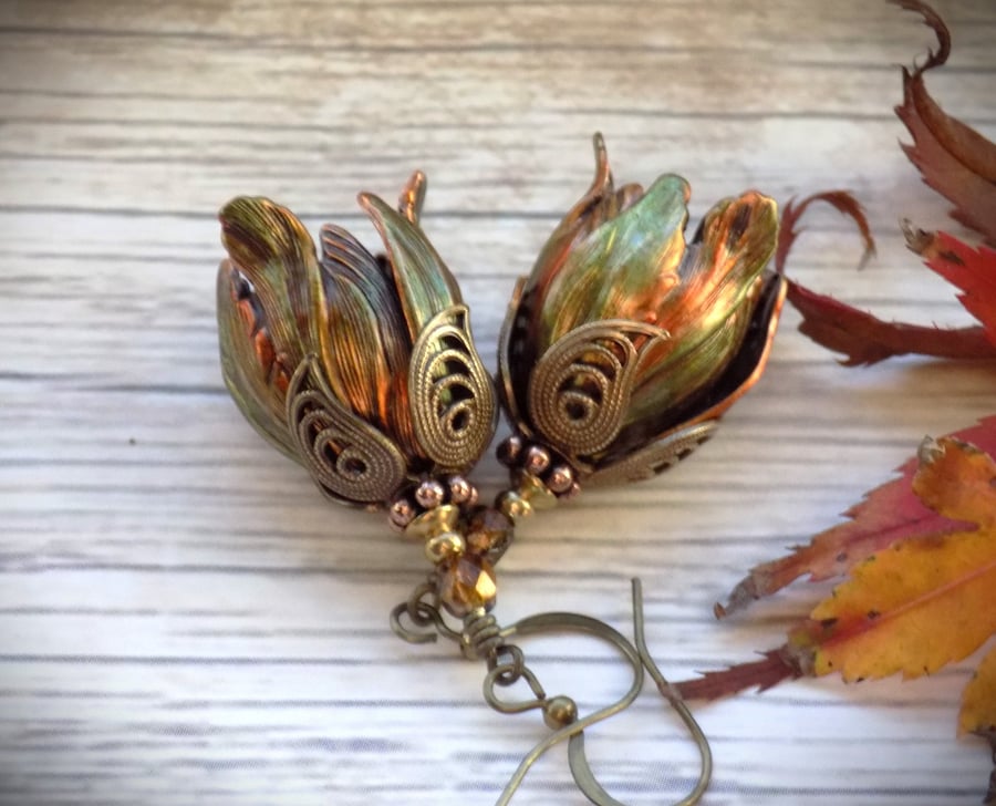 Green and Rust Patina Hand Painted Copper Tulip Flower Earrings