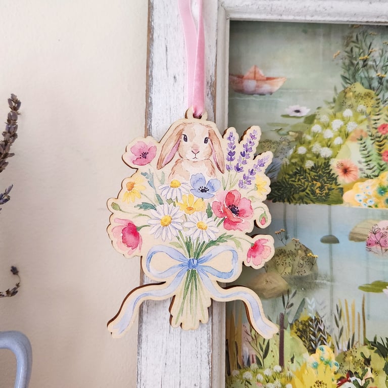 Wooden Watercolour Easter Bunny Floral Hanging Decoration