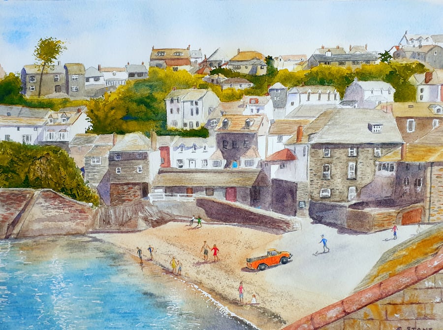 Original watercolour painting of Port Isaac Harbour and Beach, Cornwall