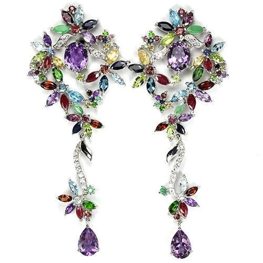 Multi-Gemstone Romantic Floral Garland Art Nouveau style Chandelier Earrings
