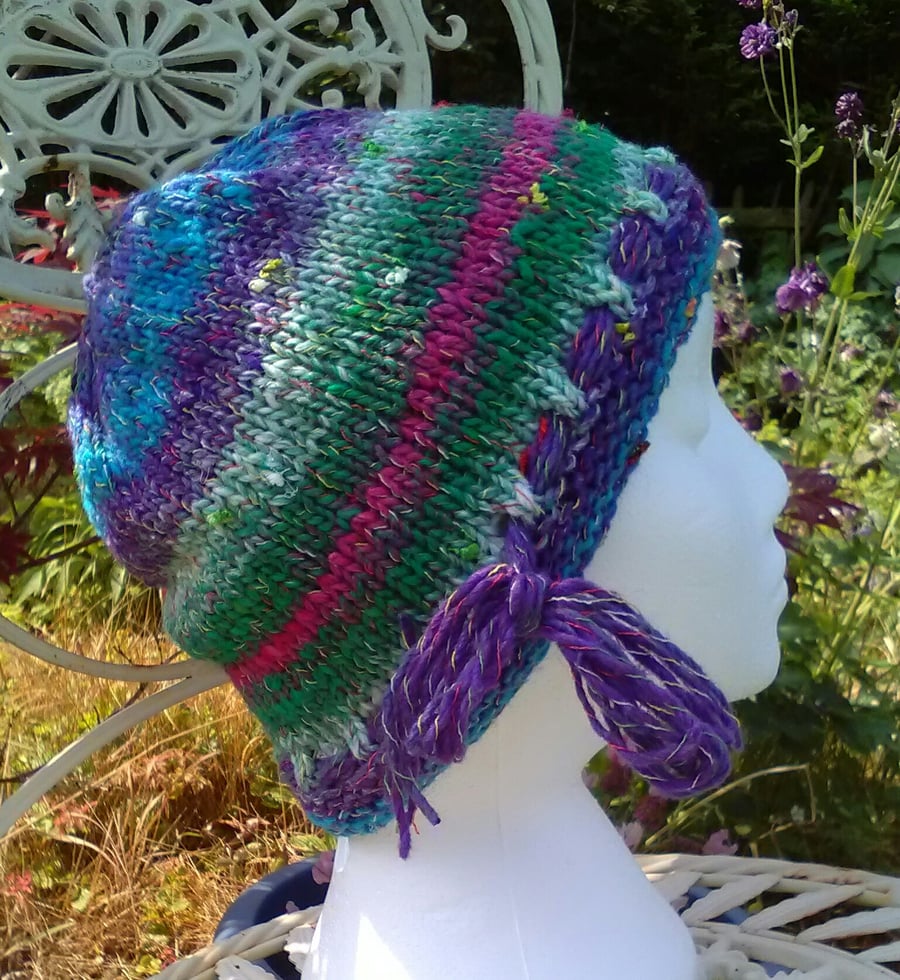 Handknit Noro cotton silk & wool hat purple blue green pink multi Medium