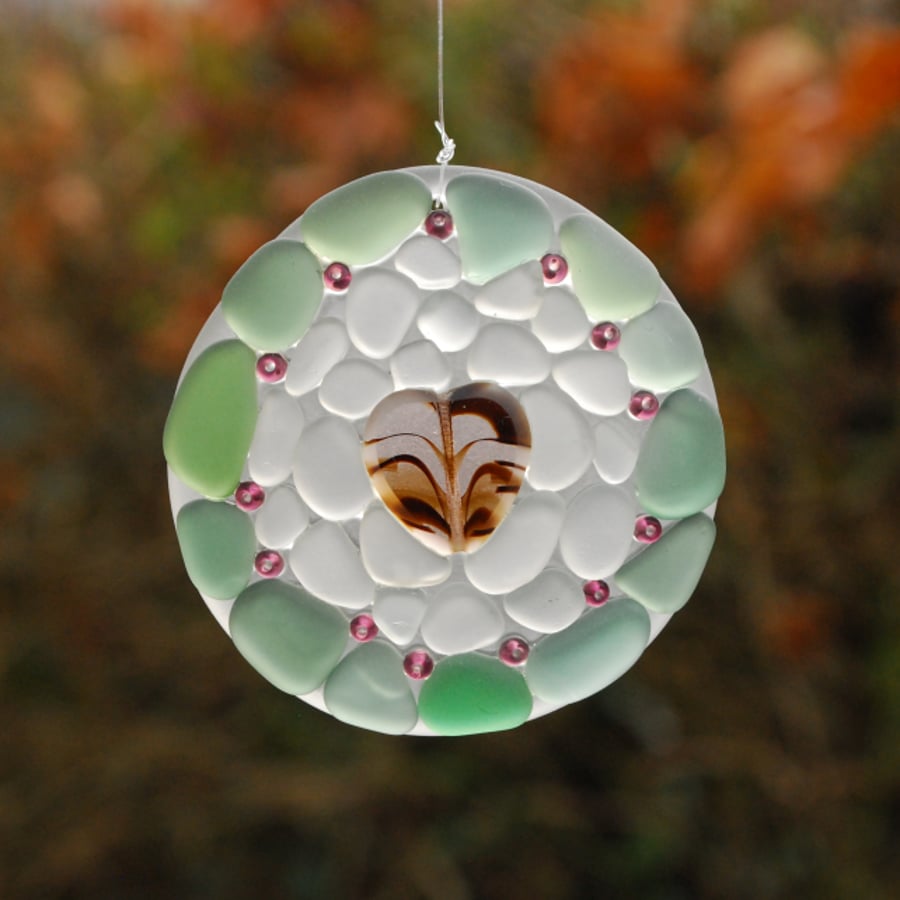 Pink heart beach glass suncatcher