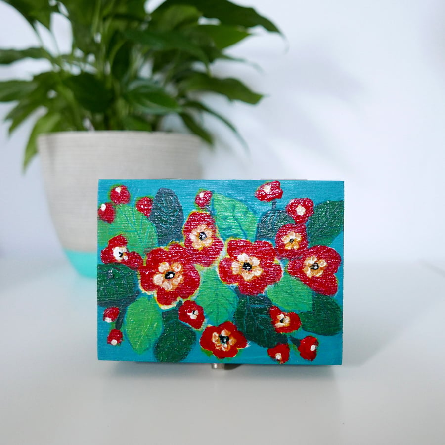 Red Primroses Painting, Jewellery Trinket Storage, Floral Decorative Box