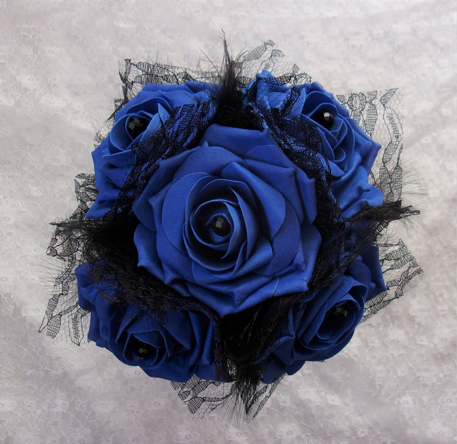 Black Royal Cobalt Blue Rose Feather Lace Gothic Wedding Posy Bouquet