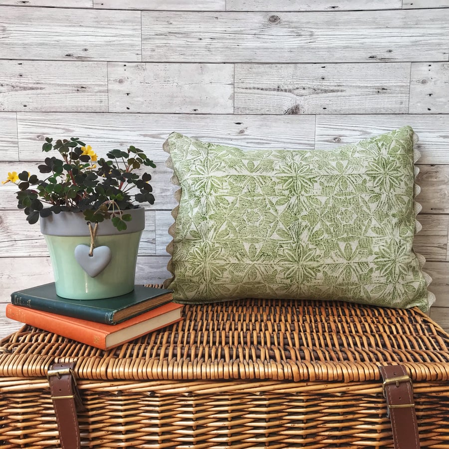 Hand Printed Linen Cushion - ASTA - Chartreuse Green   