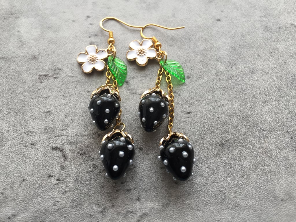 Strawberry Earrings, Dangle Food Earrings, Fruit Jewellery, Black 