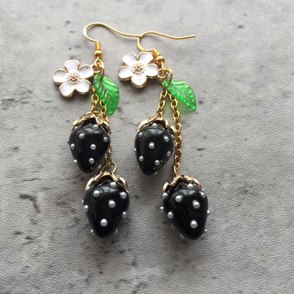 Strawberry Earrings, Dangle Food Earrings, Fruit Jewellery, Black 