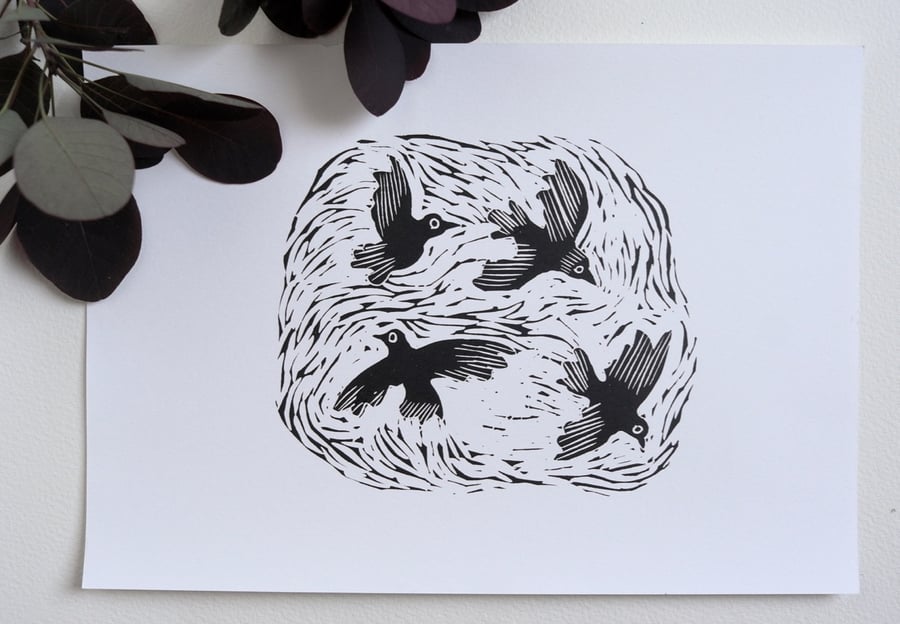 Original blackbirds flying linocut print art