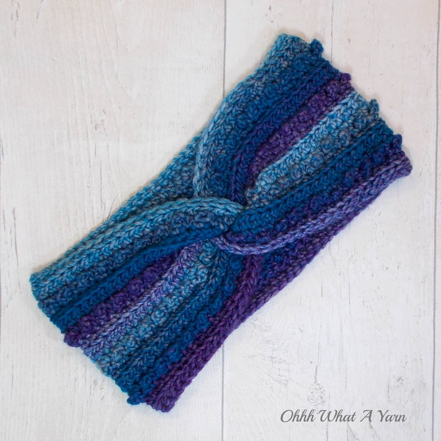 Ladies crochet purple and blue twist ear warmer. Crochet ear warmer.
