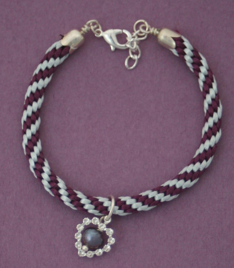 Purple and blue kumihimo bracelet with Swarovski crystal heart and baroque pearl