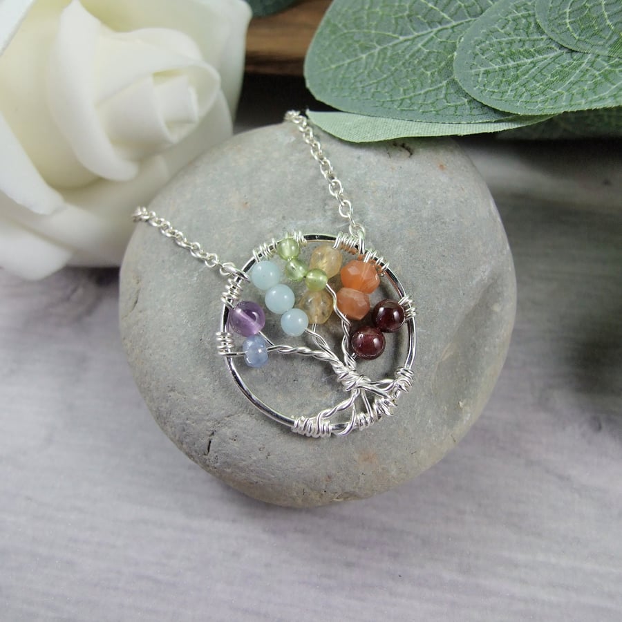 SECONDS SUNDAY -Tree of Life Pendant. Sterling Silver and Rainbow Gemstones