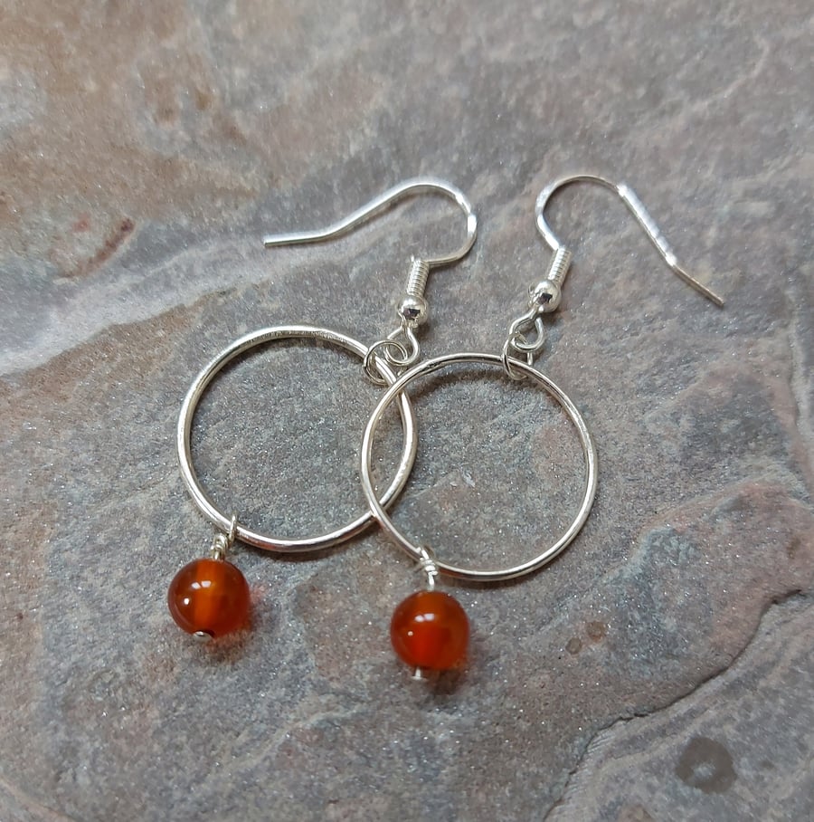 Sterling Silver Hoop Earrings with Carnelian Gemstone
