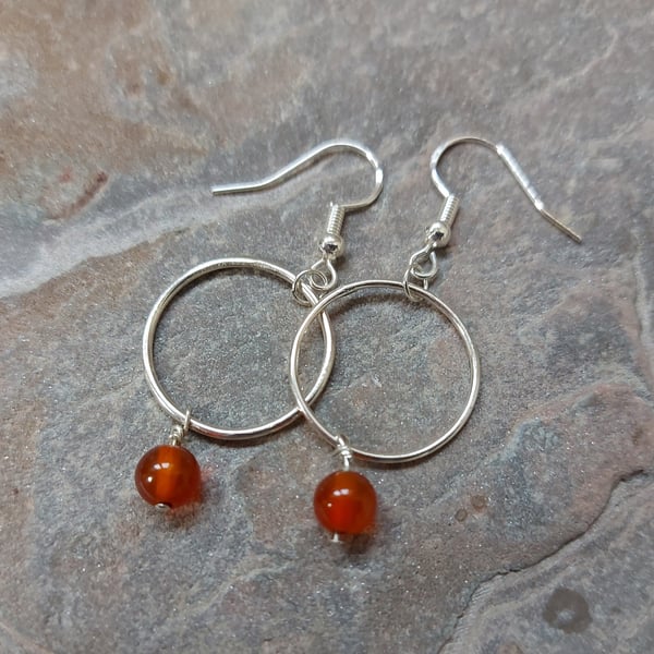 Sterling Silver Hoop Earrings with Carnelian Gemstone