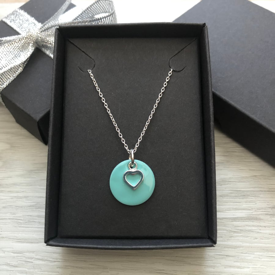 Turquoise enamel disc and sterling silver heart. Sterling silver necklace.