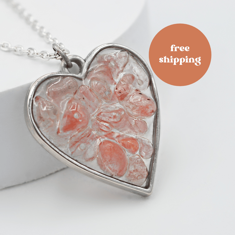 Strawberry Quartz Heart Silver plated Worry Stone Necklace - Free Postage