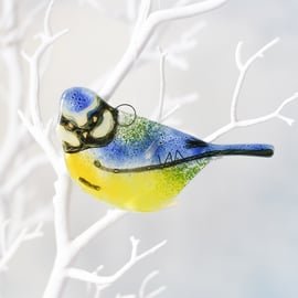 Blue Tit Front Facing Garden Bird Hanging - Fused Glass - Sun Catcher