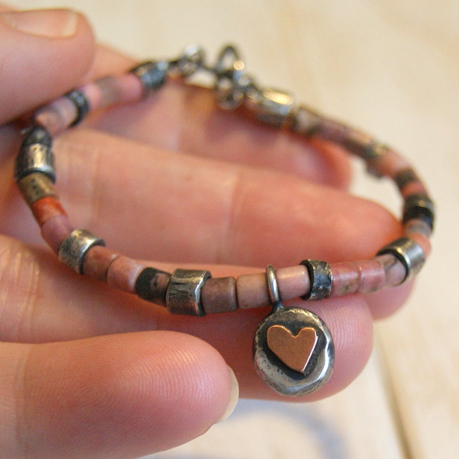 Heishi Rhodonite Bracelet, Sterling Silver and Beads, Rustic Jewellery