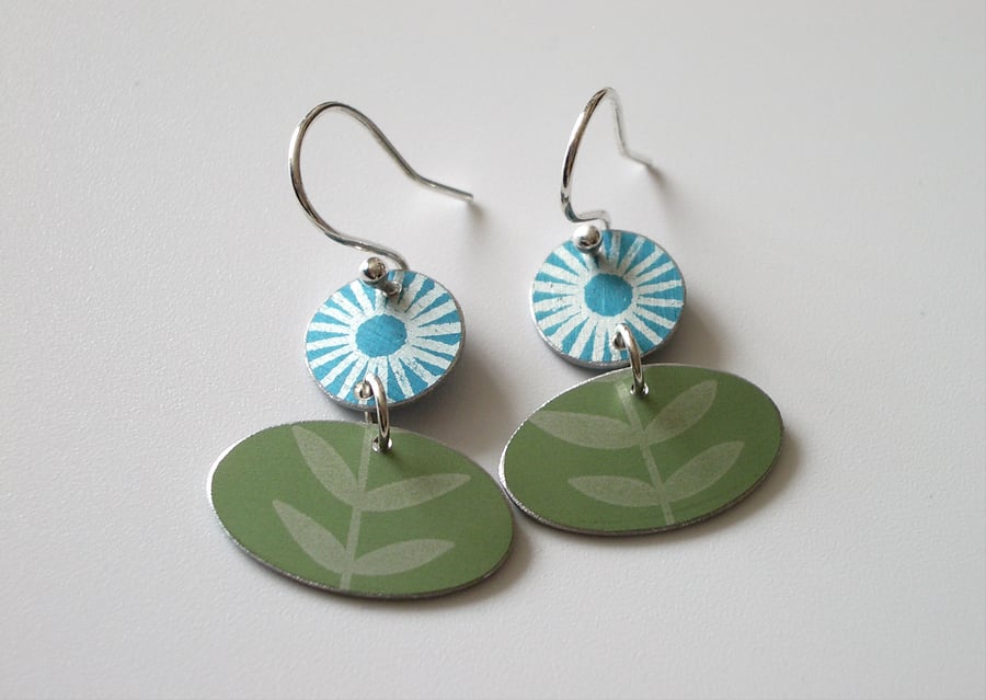 Folk art flower earrings in teal and green