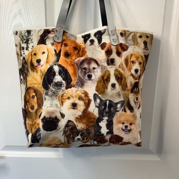 Attractive Dog design fully lined tote bag with Silver PU handles