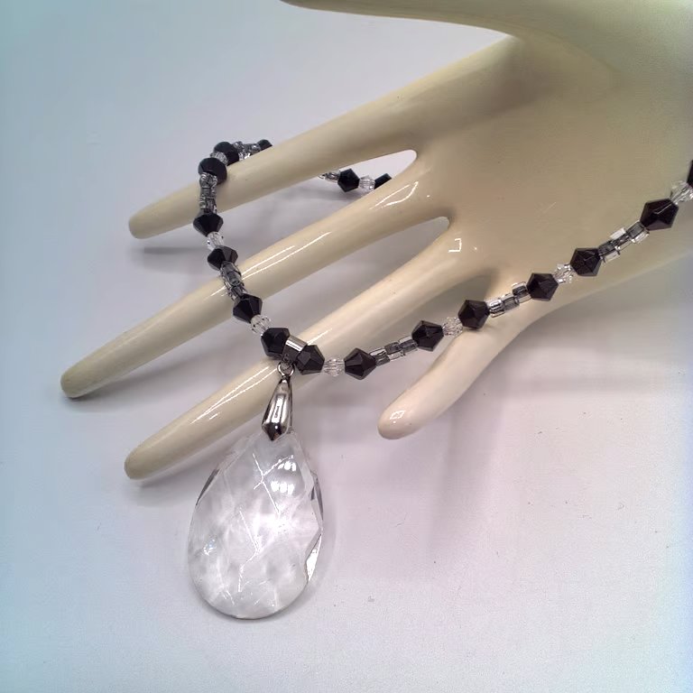 Clear Oval Crystal Pendant on a Black and Clear Bead Necklace, Gift for Her