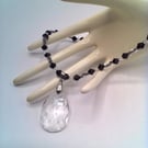 Clear Oval Crystal Pendant on a Black and Clear Bead Necklace, Gift for Her