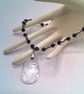 Clear Oval Crystal Pendant on a Black and Clear Bead Necklace, Gift for Her