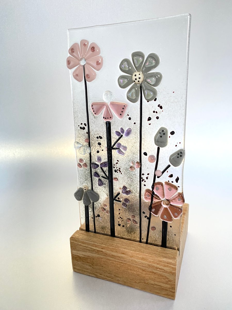 Free standing   muted meadows glass art in oak base - with candle holder