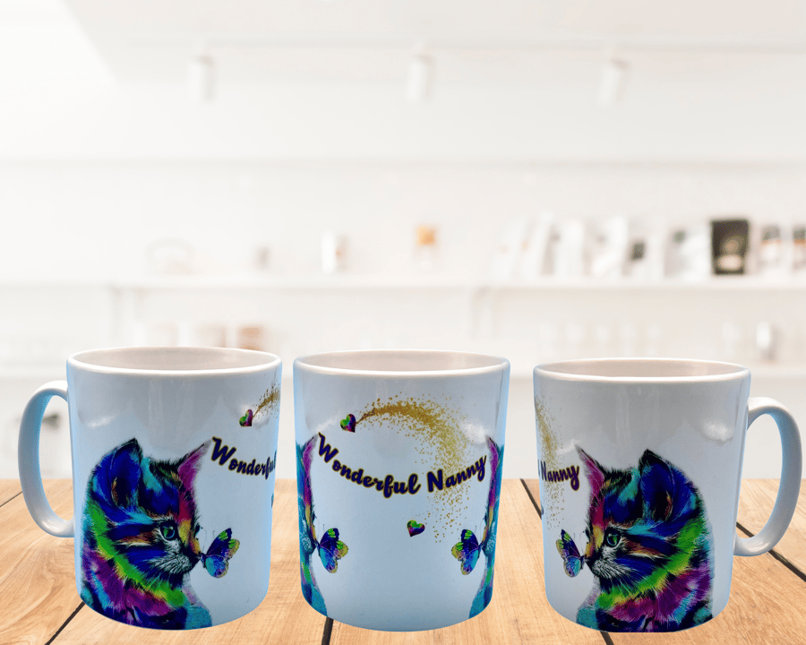 Personalised rainbow cat mug, with butterfly