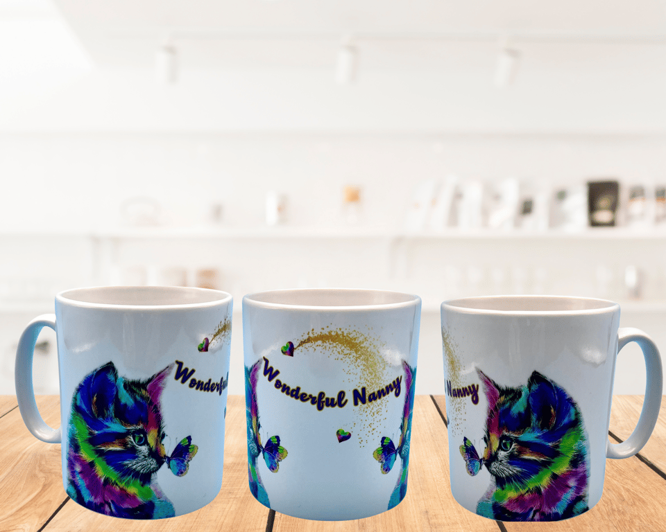 Personalised rainbow cat mug, with butterfly