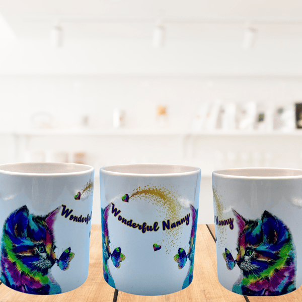 Personalised rainbow cat mug, with butterfly