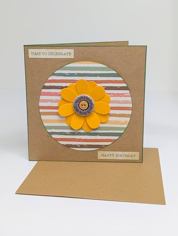 Handmade birthday card with large flower and buttons embellishment 