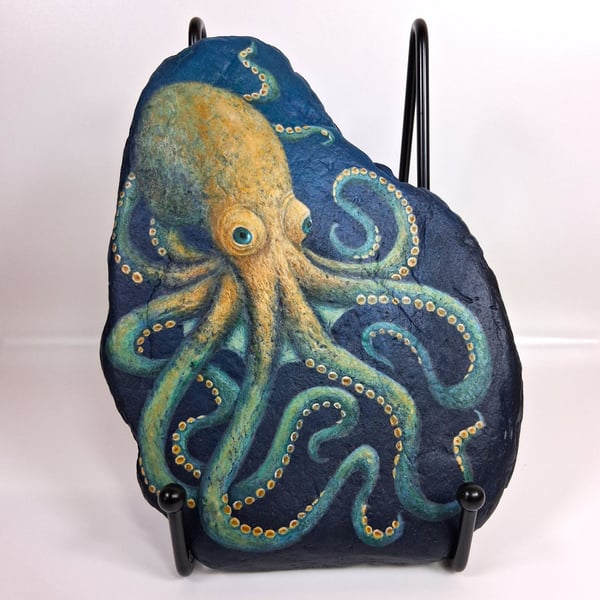 Blue and Yellow Octopus Painting on Slate