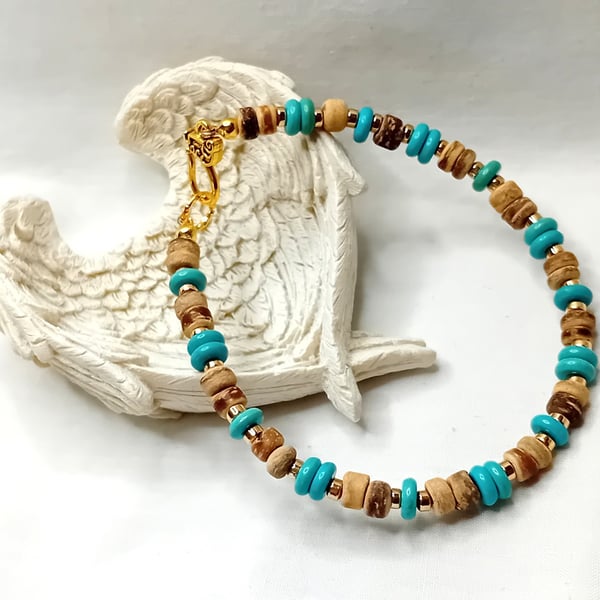 Turquoise & Natural Coconut Shell Beads Bracelet