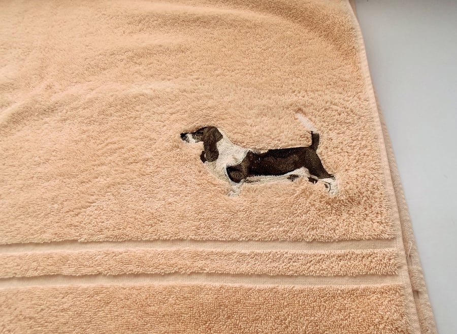Basset Hound Dog Embroidered Bath Towel. Peach, T6