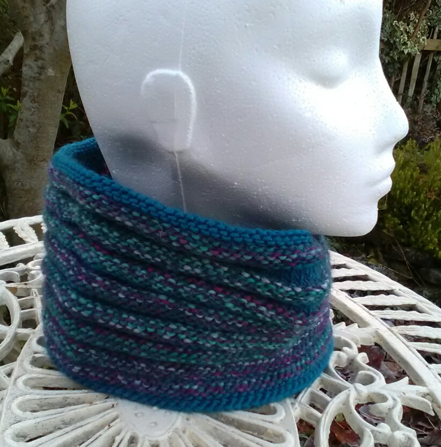 Handknit Pure Wool Textured Circular Cowl in Teal Greens
