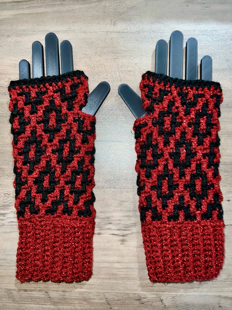 Sparkly Red & Black Crochet Fingerless Gloves – Handmade, Warm & Practical