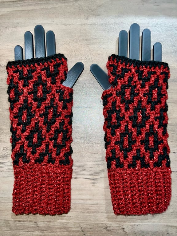 Sparkly Red & Black Crochet Fingerless Gloves – Handmade, Warm & Practical
