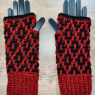 Sparkly Red & Black Crochet Fingerless Gloves – Handmade, Warm & Practical