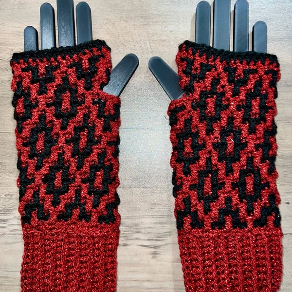 Sparkly Red & Black Crochet Fingerless Gloves – Handmade, Warm & Practical