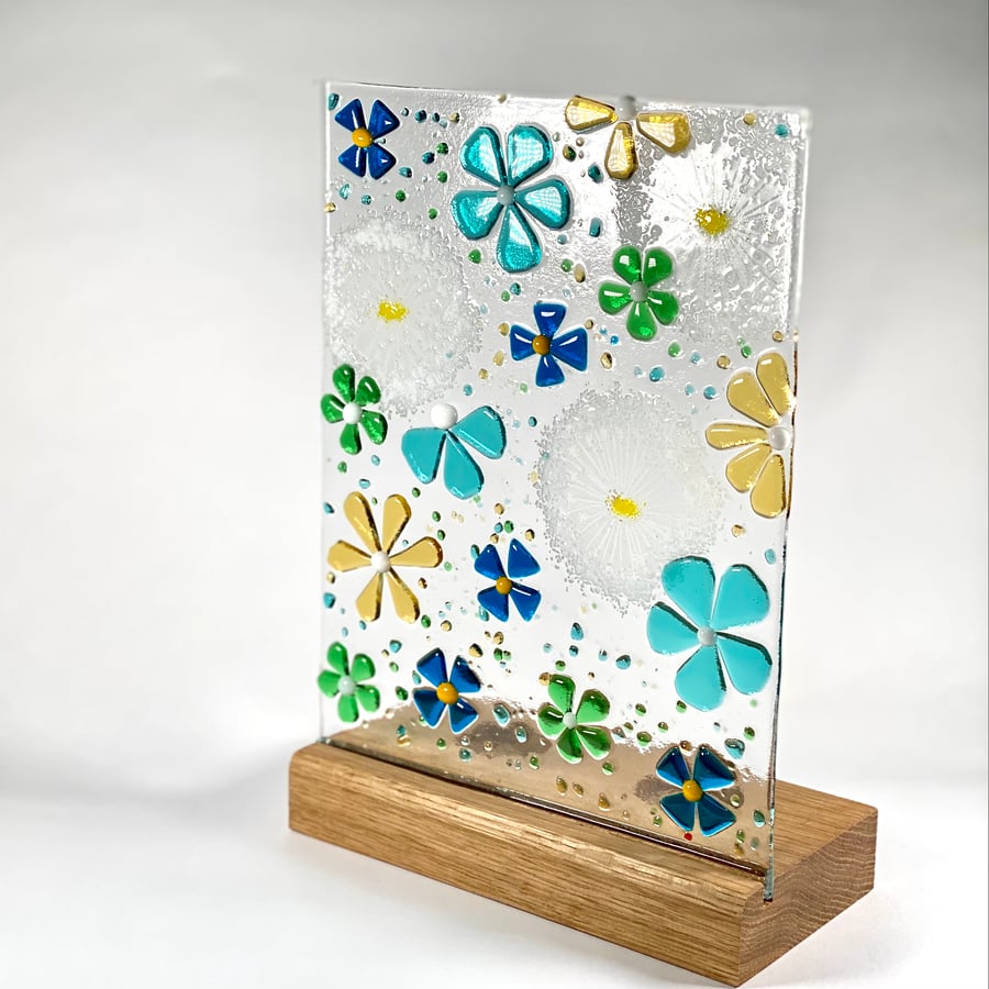 Fused glass funky flowers and dandelion panel candle screen