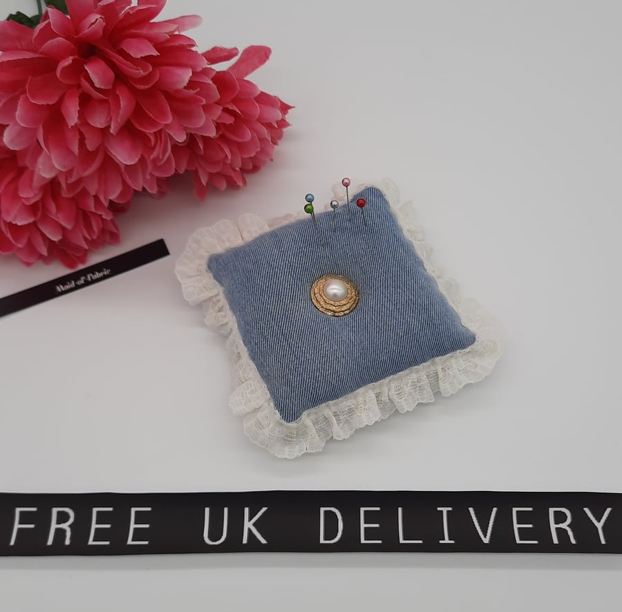 Pin cushion in upcycled denim with lace. Free uk delivery. 