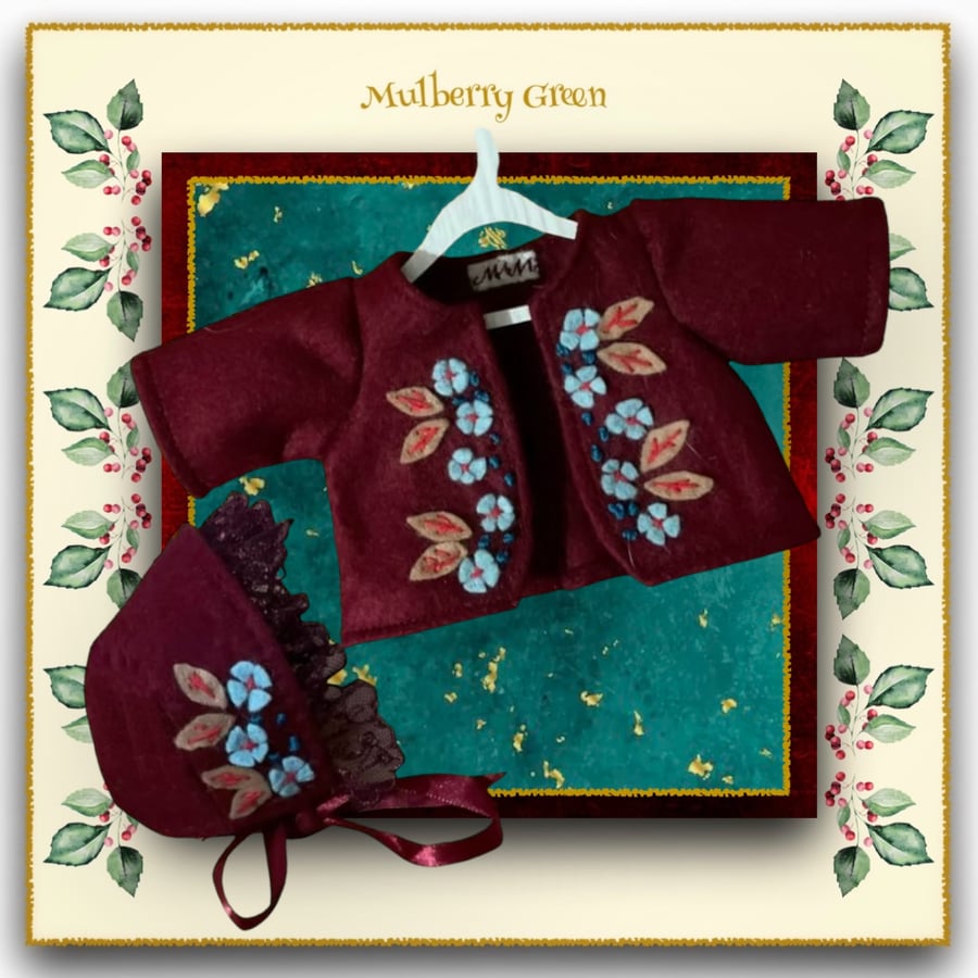 A Hand Embroidered Claret Jacket and Matching Bonnet 