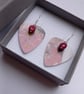 Recycled Plastic Pink Terrazzo Guitar Pick Earrings with Ruby - Image 4