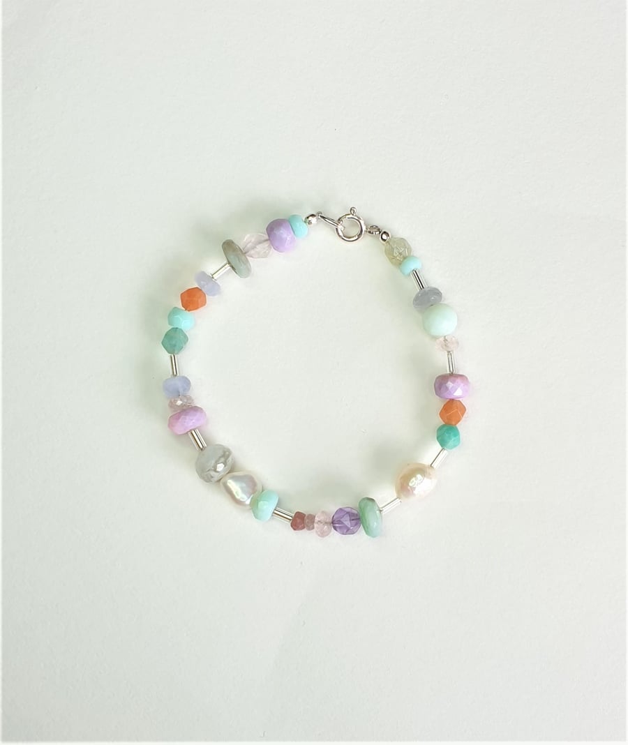Colourful Mixed Gemstone And Freshwater Pearl Sterling Silver Bracelet