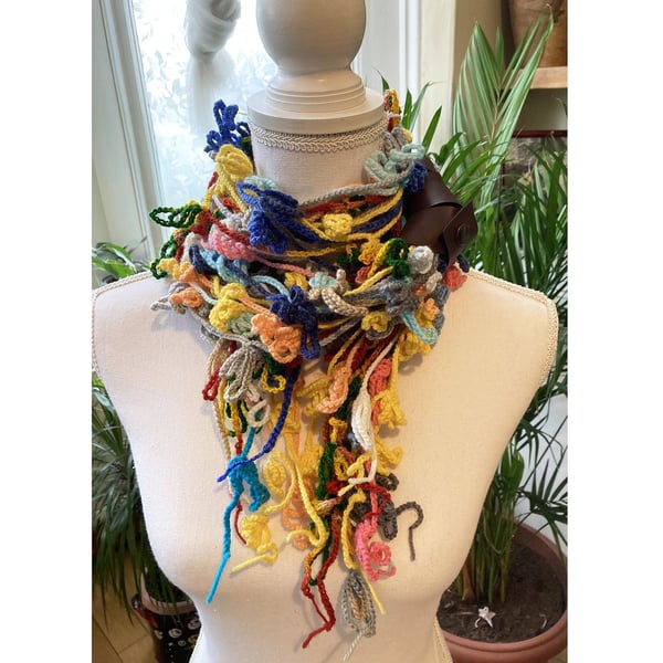 Colorful Rainbow Gradient Crochet Scarf - Hand Knit Long Shawl-Boho Neck Wrap