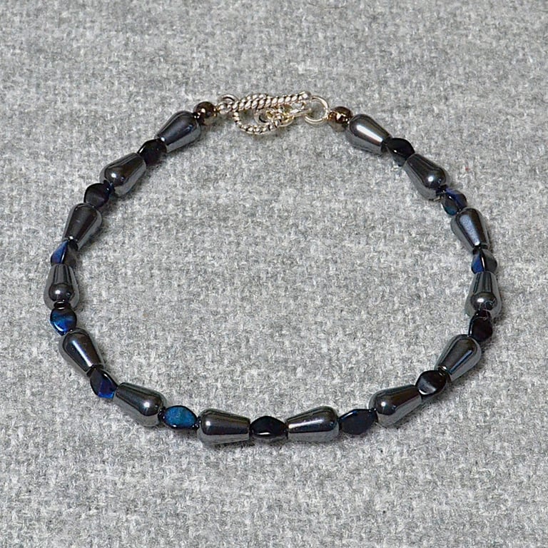 Hematite Drop Bead and Blue Pinch Bead Unisex Bracelet 