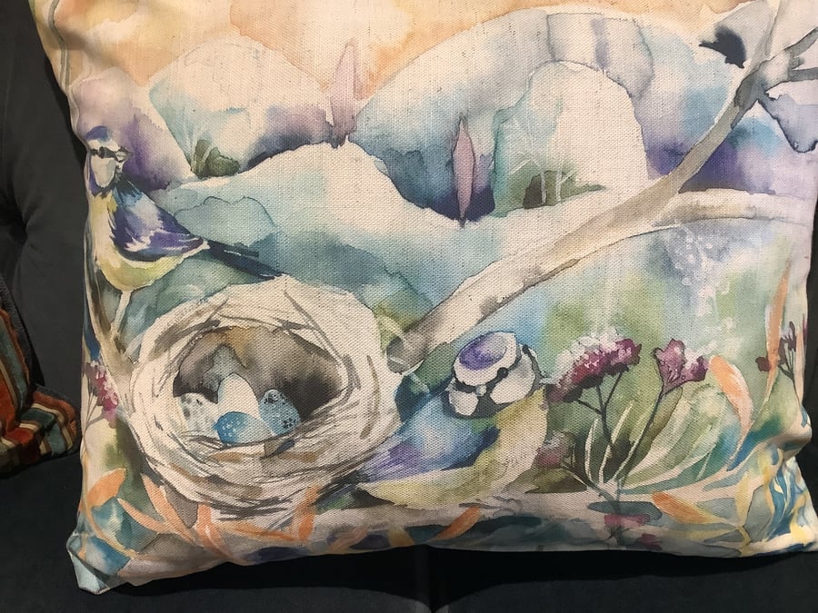 Handmade blue tit Voyage fabric cushion cover British birds