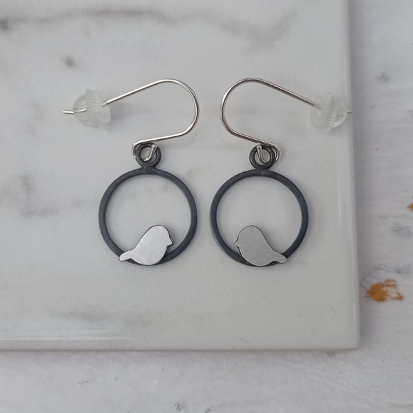 Oxidised sterling silver bird earrings - handmade circle drop earrings 