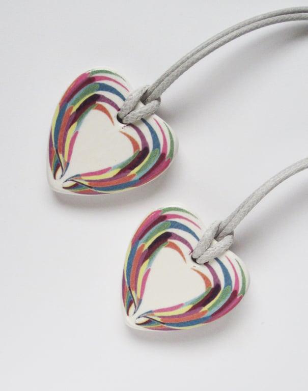Multicolour Wing Design Heart Shaped Ceramic Pendant on Grey Cord