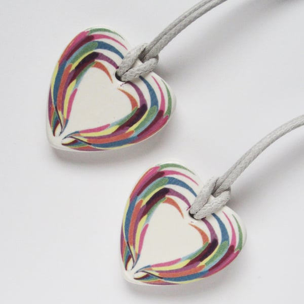 Multicolour Wing Design Heart Shaped Ceramic Pendant on Grey Cord